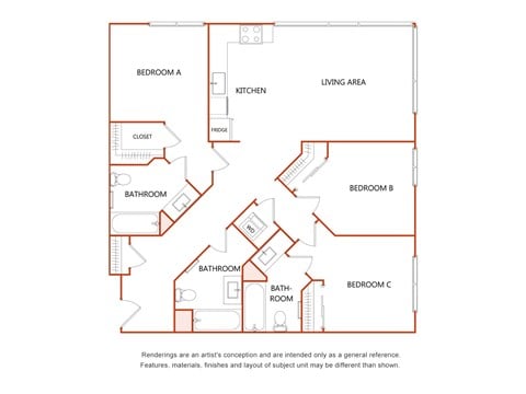 Floor plan for 3 beds, 3 baths, 1211 sqft